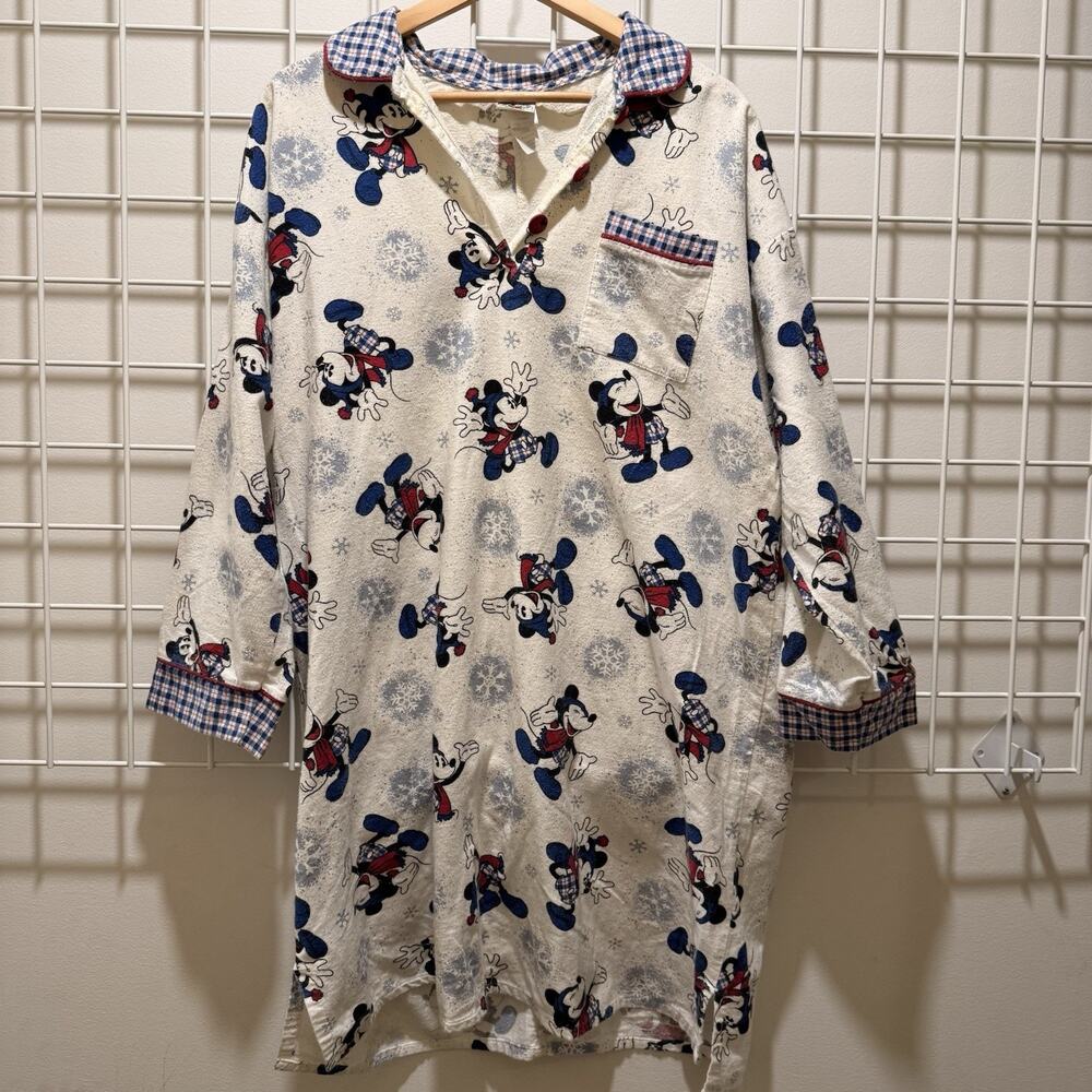 Vintage Disney Mickey Mouse Flannel Nightgown Womens L/XL Winter Snowflakes